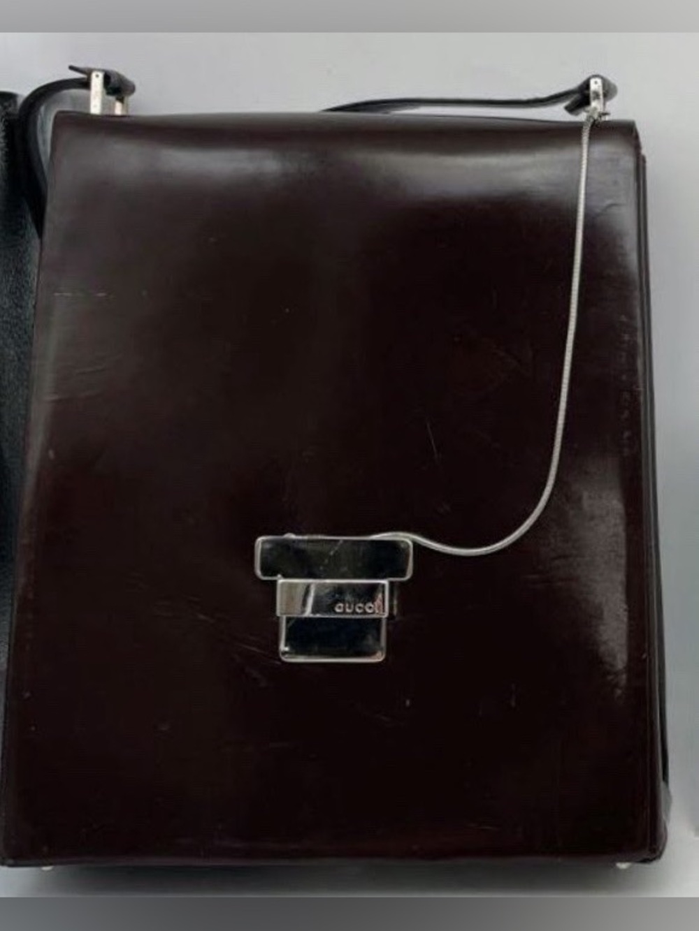 Gucci Vintage Y2K Tom Ford Era Brown Patent Leather T-Lock Shoulder Bag Italy